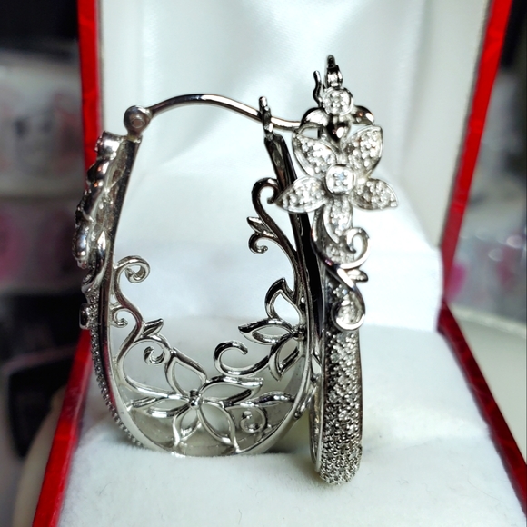 Kay Jewelers Jewelry - New Sterling Silver & Diamond Ornate Floral Hoops